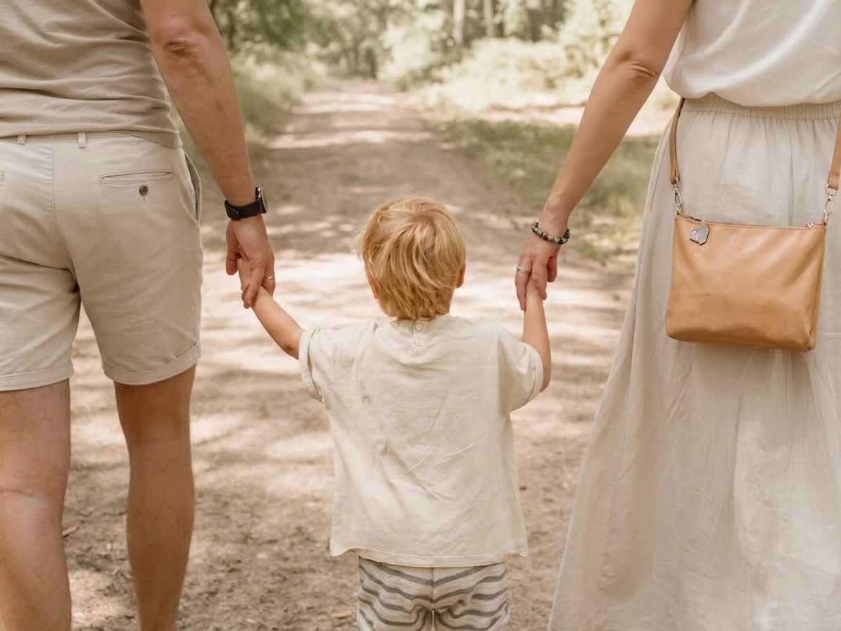 Niño caminando de la mano de sus padres por un sendero natural